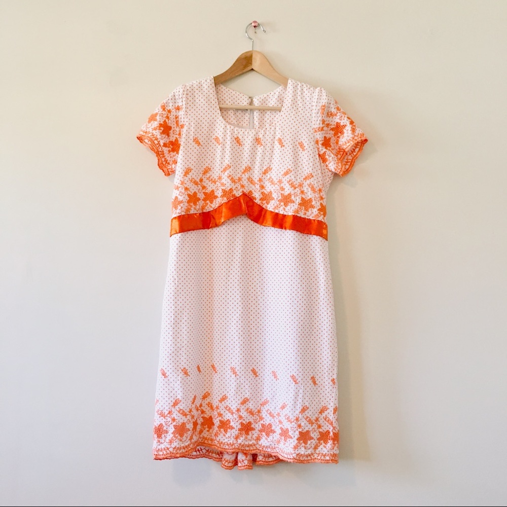 Vintage 70s Dress White Orange Polka Dot Retro A-Line Small